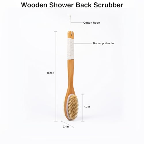 MtBoi Dual-Sided Back Scrubber - Long Bamboo Handle Shower Brush with Anti-Slip Grip, Stiff Natural Boar Bristles for Deep Exfoliation & Soft Nylon Bristles for Gentle Care, Wet/Dry Brushing
