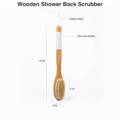 MtBoi Dual-Sided Back Scrubber - Long Bamboo Handle Shower Brush with Anti-Slip Grip, Stiff Natural Boar Bristles for Deep Exfoliation & Soft Nylon Bristles for Gentle Care, Wet/Dry Brushing