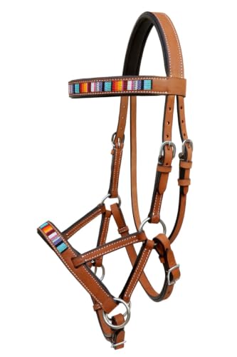 Horse Western Tan Leather Padded Bitless Training Sidepull Bridle Reins - color: Tan Beaded Serape