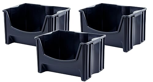 Mighty Tuff Jumbo Stackable Storage Bins, Pack of 3, Easy-Access Storage, Large Easy-to-Grip Handles, Wide Front Opening, Interlocking, Stack Vertically, Black - size: Jumbo