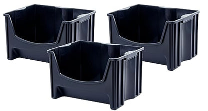 Mighty Tuff Jumbo Stackable Storage Bins, Pack of 3, Easy-Access Storage, Large Easy-to-Grip Handles, Wide Front Opening, Interlocking, Stack Vertically, Black - size: Jumbo