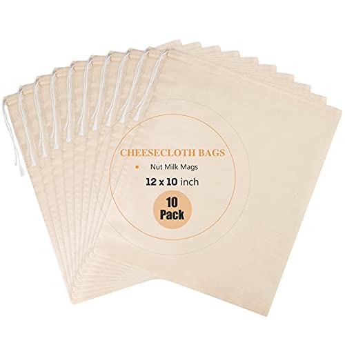 10 Pack Nut Milk Bag, 10‘’ x 12‘’ Fine Mesh Grade Reusable Cheesecloth Bags Strainers, Unbleached Organic Cotton Filter Bags for Almond Milk, Juices, ColdBrew, Cheese, Tea, Yogurt, Coffee - size: 10 x 12 inch
