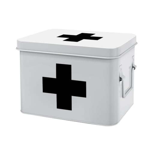 Flexzion Large Metal First Aid Box Empty, 8.5-Inch, White with Black Cross - color: White - Black Cross, size: 8.5 Inch without Latch Lock