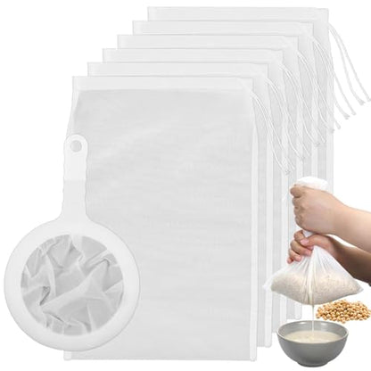 5 Pack Reusable Fine Mesh Strainer Bag and 200Mesh Fine Mesh Strainer, Nut Bag Strainers Nylon Cheese Cloth Bags Reusable Nut Milk Bags for Straining Fruit Juice Cheese Coffee Tofu Yogurt Tea
