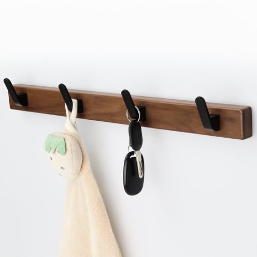 17 Inch Walnut Wood Wall Mounted Coat Rack with 4 Black Hooks, Adhesive Mounted Entryway Hooks, Modern Natural Wooden Pegs for Hanging Coat Clothes Hat Bag Purse Key and Towel - color: Coat Rack with 4 Hooks