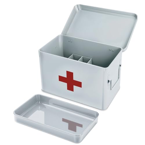 Plexon 8.5" Metal First Aid Box Empty, Medicine Storage Bin with Lid, Emergency Supplies Organizer, Portable First Aid Kit Case, White - color: White