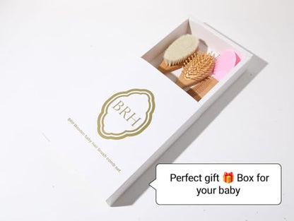 BRH 4 Piece Wooden Baby Hair Brush and Comb Set, Wooden Baby Care Kit with Soft Goat Bristle Brush,Baby Massage Brush, Baby Essentials Girl –Baby Hair Care Set for Newborn boy & Girls