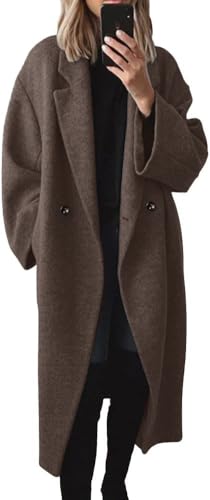 SAUKOLE Womens Winter Pea Coat Notch Lapel Double Breasted Wool Blend Oversized Overcoat with Pockets - color: 12#coffee, size: Small
