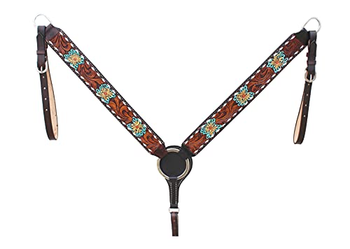 CHALLENGER Horse Western Leather Tooled Headstall Bridle Breast Collar Tack Set 78HRBrowbandSet - color: Brown Leather, Turquoise inlay