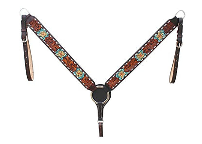 CHALLENGER Horse Western Leather Tooled Headstall Bridle Breast Collar Tack Set 78HRBrowbandSet - color: Brown Leather, Turquoise inlay
