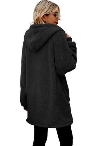 ReachMe Womens Fleece Zip Up Jacket with Pockets Oversized Long Sherpa Hoodie Fuzzy Jackets Warm Teddy Coat - color: 01 Black, size: Small