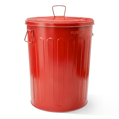 Plexon 20 Gallon Metal Trash Can with Lid Outdoor Large Trash Bin Steel Garbage Can for Garage Patio Farmhouse Bucket Bird Seed Storage Can Heavy Duty Round Container, Red - color: Red