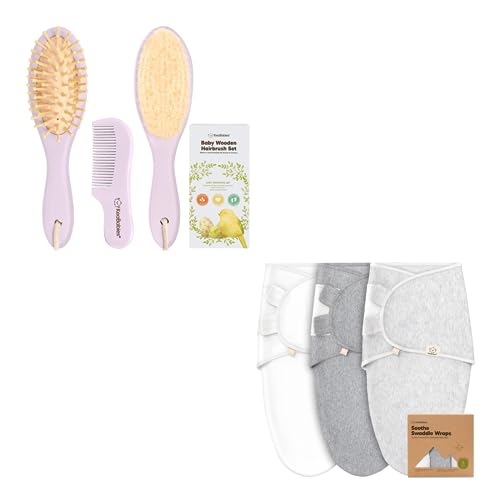 KeaBabies Baby Hair Brush and Baby Comb Set and 3-Pack Baby Swaddle Sleep Sacks - Wooden Baby Brush with Soft Goat Bristle, Organic Newborn Swaddle Sack