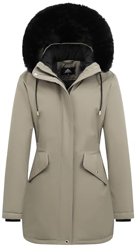 MOERDENG Women's Long Winter Down Coat Thicken Fleece Lined Puffer Jacket | Faux Fur Detachable Hood Parka Warm,Waterproof and Windproof Overcoat - color: Khaki, size: Small