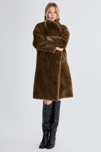 Orolay Women's Fuzzy Fleece Winter Jacket Faux Fur Lapel Coat Mid-Length Sherpa Teddy Coat - color: Coffee, size: X-Small