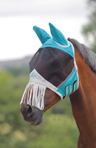 Shires Fine Mesh Fly Mask with Ears & Nose Fringe – 70% UV Protection Teal/Extra Full/Single - size: Extra Full