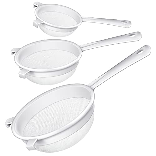 Skyley 3 Pcs Plastic Nylon Mesh Kefir Fine Strainer Set, 5 In, 7 In, 8.5 In | Plastic Flour Colander with Handle Nylon Kefir Food Strainers Flour Sifter for Baking Kitchen Tea Juice Pasta - size: 5 Inch, 7 Inch, 8.5 Inch