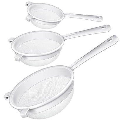 Skyley 3 Pcs Plastic Nylon Mesh Kefir Fine Strainer Set, 5 In, 7 In, 8.5 In | Plastic Flour Colander with Handle Nylon Kefir Food Strainers Flour Sifter for Baking Kitchen Tea Juice Pasta - size: 5 Inch, 7 Inch, 8.5 Inch