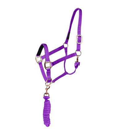 Majestic Ally Halter with Lead Rope for Horses–Adjustable Chin and Crown–Rolled Throat Latch with Replaceable Snap–Padded Noseband–Heavy Duty Rose Gold Finish Hardware - color: Purple