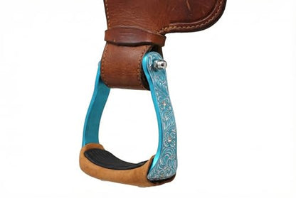CHALLENGER Horse Western Black Engraved Rhinestone Barrel Racing Aluminum Show Stirrups 51179v - color: Turquoise, size: 4-3/4" Width, 4-3/4" Height
