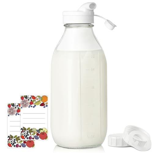 Syntic 32 Oz Glass Milk Bottle with Airtight Lid,Scale Marks,Extra Lid - style: Milk Bottle-1pack