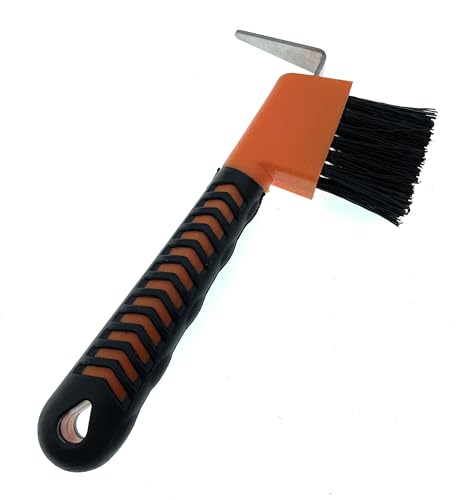 Horse Hoof Pick with Brush - Non-Slip Ergonomic Handle, Heavy-Duty Steel Pick & Stiff Bristles - Removes Dirt, Mud & Rocks - Horse Grooming Tool for Daily Hoof Care (Orange) | Steel pick, stiff bristles and non-slip ergonomic handle for removing packed mu