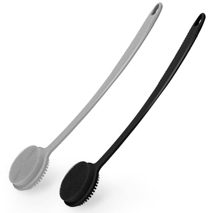 Silicone Back Scrubber for Shower, 17in Lengthen Long Handle Body Brush, Double Sided Shower Brush for Shower Exfoliating and Massage Can Produce Rich Foam, Long Handle Back Scrubber for Men - color: Black+gray