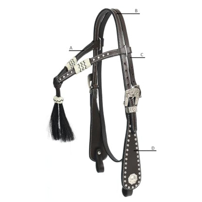 Western Leather Headstall with Rawhide Knotting, Black Hair Tassels, Decorative Futurity Knot