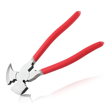 9.5 Inch Fencing Pliers - Multi-Purpose Fence Tool with Hammer Head, Wire Cutters, Wire Twisting, Nail Puller - style: 9.5" Fencing Pliers with Hammer End Red