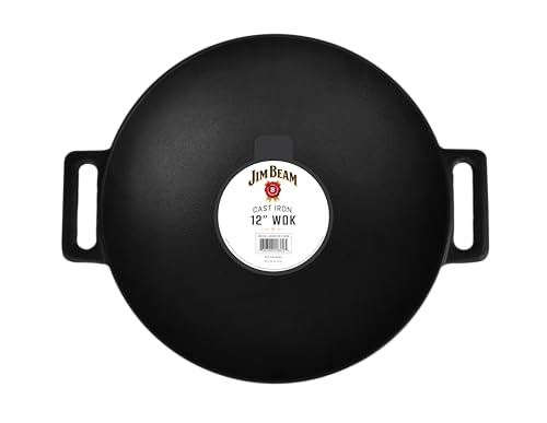Jim Beam 12'' Pre Seasoned Heavy Duty Construction Cast Iron Grilling Wok, Griddle and Stir Fry Pan