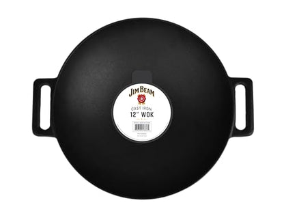 Jim Beam 12'' Pre Seasoned Heavy Duty Construction Cast Iron Grilling Wok, Griddle and Stir Fry Pan