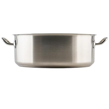 Winco 20 qt Stainless Steel Brazier Pan with Lid | Flat bottom, Wide base, Riveted handles, Induction safe, Great for Braising, Simmering, Batch Cooking and Restaurant Kitchens - size: 20 Quarts