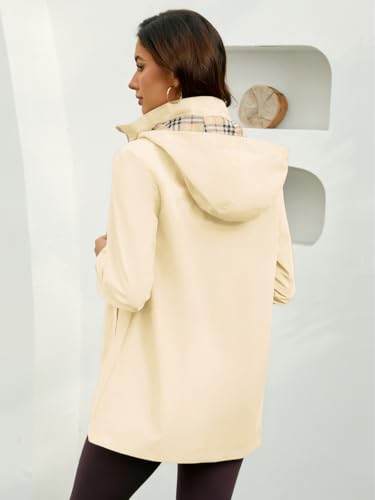 Womens Long Hooded Rain Jacket Waterproof Outdoor Hiking Raincoat Windbreaker Lightweight Trench Coat - color: Beige, size: Small