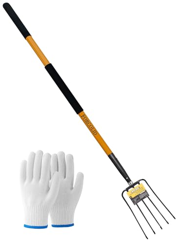Pitch Fork for Gardening, 5 Tine Pitchfork Heavy Duty with Fiberglass Handle, 58 Inches(Orange) - color: Orange