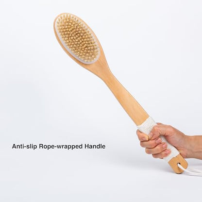 MtBoi Dual-Sided Back Scrubber - Long Bamboo Handle Shower Brush with Anti-Slip Grip, Stiff Natural Boar Bristles for Deep Exfoliation & Soft Nylon Bristles for Gentle Care, Wet/Dry Brushing