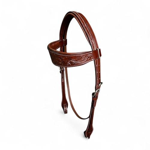 Majestic Ally Horse Headstall, Natural, Super Leather, Antique, Tooling, Quick Bit Change Padded Western Browband Headstall - color: TAN