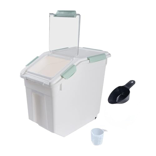 Airtight Flour Storage Container 25 lb Rice Storage Container with Wheels Seal Locking Lid, Food Containers with Measuring Cup& Scoop for Flour, Rice, Grain(Cyan) - color: Cyan 1 Count