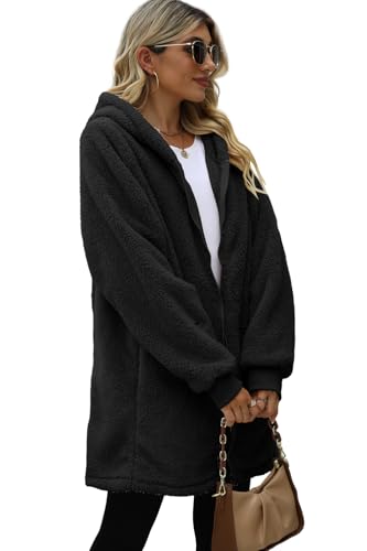ReachMe Womens Fleece Zip Up Jacket with Pockets Oversized Long Sherpa Hoodie Fuzzy Jackets Warm Teddy Coat - color: 01 Black, size: Small
