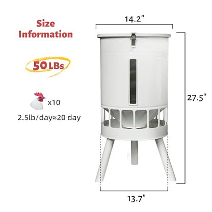 KOL 50LB Metal Chicken Feeder - No Waste, No Clog Design with 16 Ports & Smooth Gravity-Flow, Powder Coated Rust-Proof for Coop Use (Jade White) - color: Jade White
