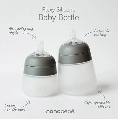Nanobebe Flexy Silicone Baby Bottle, Anti-Colic, Natural Feel, Non-Collapsing Nipple, Non-Tip Stable Base, Easy to Clean 2-Pack, Grey, 9oz - color: Grey, style: 9 Ounce 2-Pack
