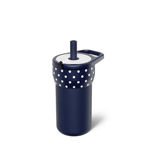 BrüMate Leap 12oz 100% Leakproof Kids Tumbler with Handle and Silicone Soft Straw | Durable Drop Resistant Silicone Sleeve | Made of Insulated Stainless Steel | Cup Holder Friendly | (Navy Polka Dots) - color: Navy Polka Dots