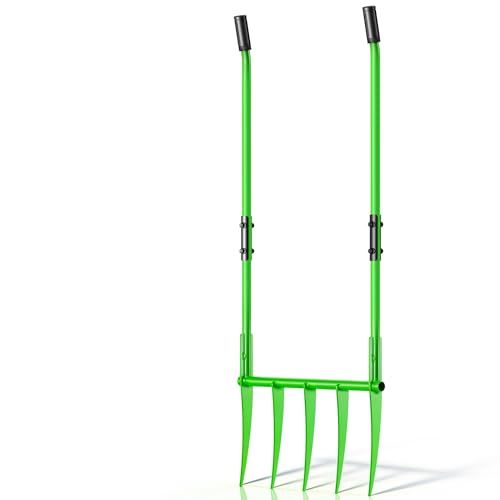56'' Heavy Duty Broadfork for All the Soils, Detachable Pitchfork, 5 Sharp Cambered 11'' Tines Bord Fork Garden Tool, Ergonomic Handles, Good Package, Easy Assembly, Cultivator & Tiller, Green.