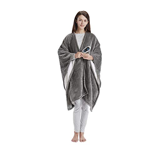 Beautyrest Wearable Electric Poncho Wrap Blanket, Ultra Soft Sherpa & Berber Fleece Heated Throw with Low EMF,UL Certified & OEKO-TEX,3 Heat Settings & 2 Hour Auto Shutoff, Gift-Ready, 50" x 64",Grey - color: Grey, size: 50 in x 64 in
