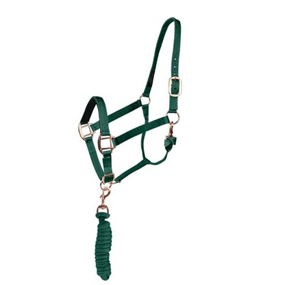 Majestic Ally Halter with Lead Rope for Horses–Adjustable Chin and Crown–Rolled Throat Latch with Replaceable Snap–Padded Noseband–Heavy Duty Rose Gold Finish Hardware - color: Hunter Green