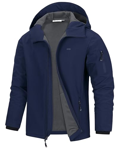 33,000ft Men's Hooded Softshell Jacket Waterproof Lightweight Insulated Windbreaker Fleece Lined Rain Shell Jacket - color: Navy, size: Small