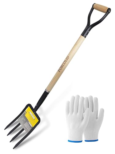 Garden Fork, 4-Tine Spading Digging Fork, Pitch Fork-45Inch, Forged Steel Y-Grip, Wood Handel-Red - color: Natural color