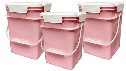 House Naturals 4 Gallon Square Food Grade Bucket Pail with Plastic Handles and Lid (Pack of 3) Made in USA containers (Pink - White lids) - color: Pink - White Lids