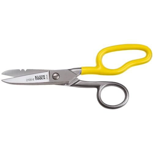 Klein Tools 2100-8 Free-Fall Electrician Snips, Made in USA, 6.25-Inch Stainless Steel Scissors with Stripping Notches, Fully Serrated Blade, Extended Handle, Electrical and Heavy-Duty Applications - style: Free-Fall Snip