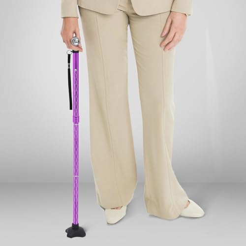 BeneCane Walking Cane for Women Folding Cane for Men with Two Led Lights Quad Cane with Stable Base Lightweight and Adjustable Walking Stick - color: Carved Purple