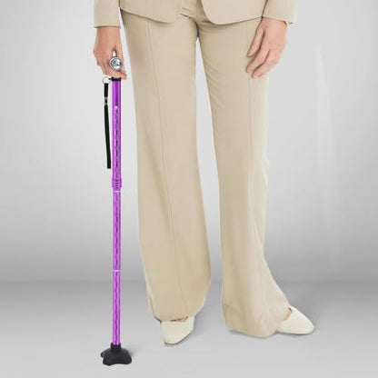 BeneCane Walking Cane for Women Folding Cane for Men with Two Led Lights Quad Cane with Stable Base Lightweight and Adjustable Walking Stick - color: Carved Purple